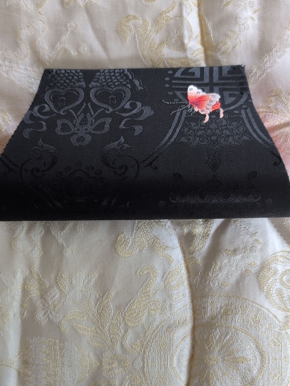 Black Patterned Women's Clutch Or Cosmetic Bag With A Butterfly On Front And Bac